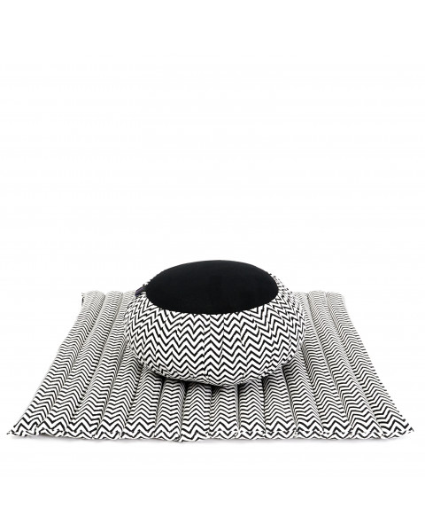 Leewadee Meditation Cushion Set – 1 Round Zafu Yoga Pillow and 1 Square Roll-Up Zabuton Mat Filled with Eco-Friendly Kapok, black white