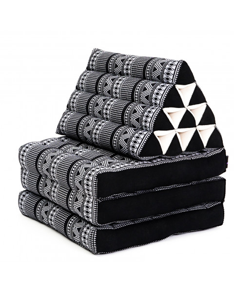 Leewadee Tapis de sol - Matelas avec coussin en kapok, lit thaïlandais fait à la main, 4 éléments pliants, 225 x 50 cm, Noir Blanc