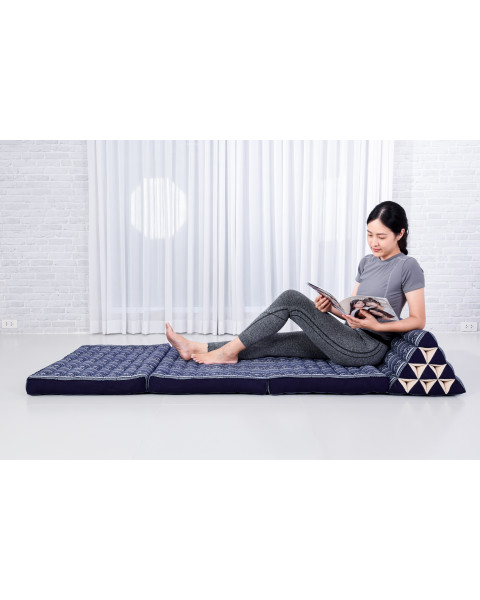 Leewadee Comfortable Japanese Floor Mattress - Thai Floor Bed With Triangle Cushion - Futon Mattress - XL Extra Wide Thai Massage Mat, 170 x 80 cm, Blue White, Kapok Filling