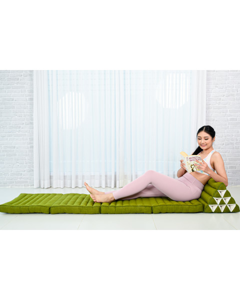 Leewadee Comfortable Japanese Floor Mattress - Thai Floor Bed With Triangle Cushion - Futon Mattress - XL Extra Long Thai Massage Mat, 89 x 20 inches, Green, Kapok Filling