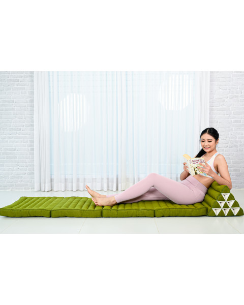 Leewadee Thai-Kissen Falt-Matratze Chill-Out Klapp-Matte Gepolsterte Lesestütze Boden-Liege-Matte mit Dreieck-Kissen Thai-Matte, Kapok, 225 x 50 cm, Grün