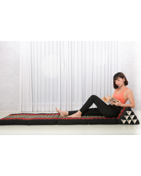 Leewadee Tapis de sol - Matelas avec coussin en kapok, lit thaïlandais fait à la main, 4 éléments pliants, 225 x 50 cm, Noir Rouge