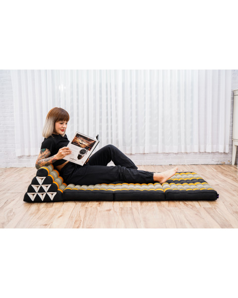 Leewadee 3-Fold Mat XXL with Triangle Cushion – Firm TV Pillow, Foldable Mattress with Cushion Made of Kapok, 67 x 31 inches, Black Orange