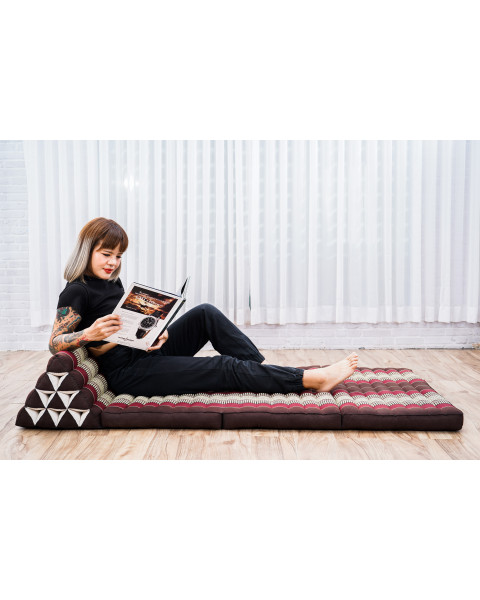 Leewadee Grand tapis de sol - Matelas avec coussin en kapok, lit thaïlandais fait à la main, 3 éléments pliants, 170 x 80 cm, Marron Rouge