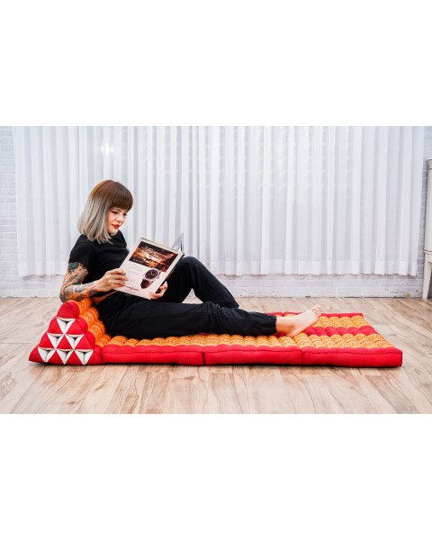 Leewadee 3-Fold Mat XXL with Triangle Cushion – Firm TV Pillow, Foldable Mattress with Cushion Made of Kapok, 67 x 31 inches, Orange Red