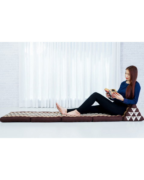 Leewadee Comfortable Japanese Floor Mattress - Thai Floor Bed With Triangle Cushion - Futon Mattress - XL Extra Long Thai Massage Mat, 225 x 50 cm, Brown, Kapok Filling