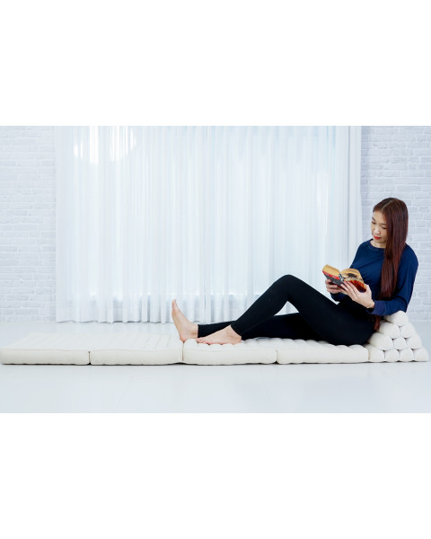 Leewadee Comfortable Japanese Floor Mattress - Thai Floor Bed With Triangle Cushion - Futon Mattress - XL Extra Long Thai Massage Mat, 225 x 50 cm, Ecru, Kapok Filling