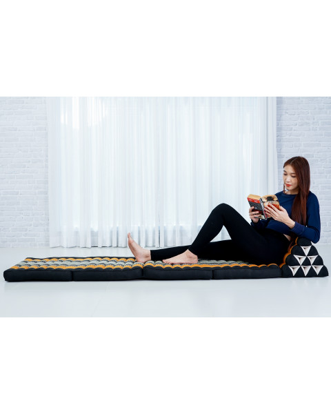 Leewadee 4-Fold Mat with Triangle Cushion – Firm TV Pillow, Foldable Mattress with Cushion Made of Kapok, 225 x 50 cm, Black Orange
