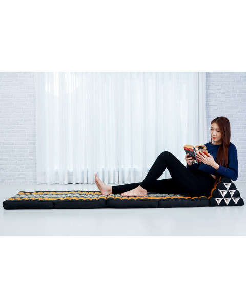 Leewadee Tapis de sol - Matelas avec coussin en kapok, lit thaïlandais fait à la main, 4 éléments pliants, 225 x 50 cm, Noir Orange