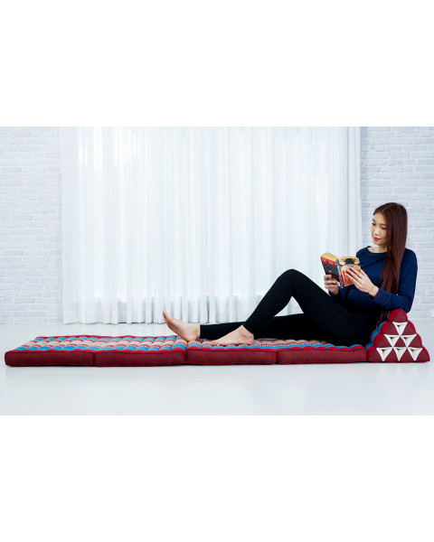Leewadee materasso pieghevole a quattro segmenti: comodo tappeto con cuscino triangolare in kapok fatto a mano, materasso thailandese, 225 x 50 cm, Blu Rosso