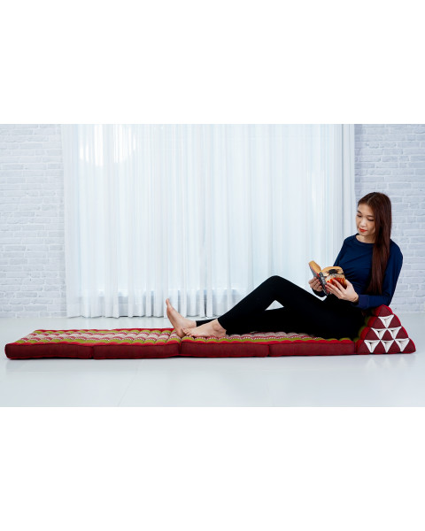 Leewadee materasso pieghevole a quattro segmenti: comodo tappeto con cuscino triangolare in kapok fatto a mano, materasso thailandese, 225 x 50 cm, Verde Rosso