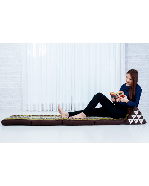 Leewadee Comfortable Japanese Floor Mattress - Thai Floor Bed With Triangle Cushion - Futon Mattress - XL Extra Long Thai Massage Mat, 89 x 20 inches, Brown Green, Kapok Filling