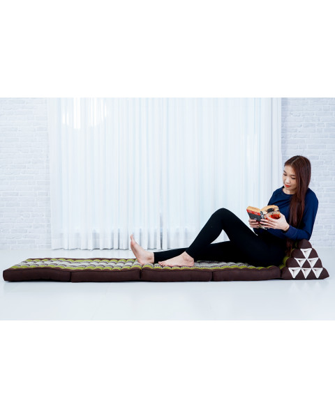 Leewadee 4-Fold Mat with Triangle Cushion – Firm TV Pillow, Foldable Mattress with Cushion Made of Kapok, 89 x 20 inches, Brown Green