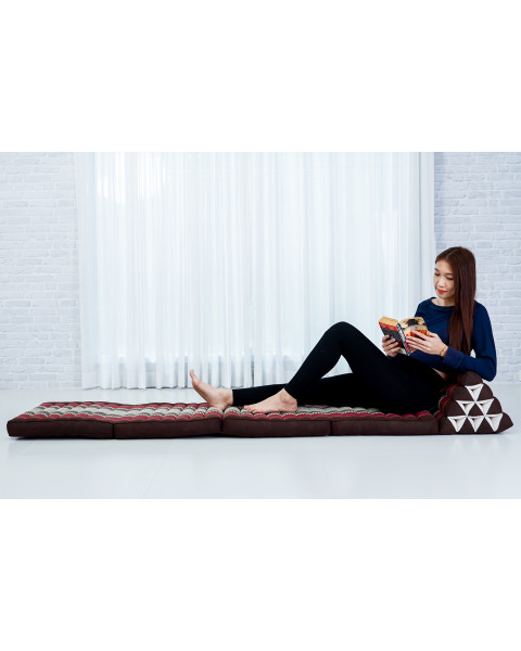 Leewadee Thai-Kissen Falt-Matratze Chill-Out Klapp-Matte Gepolsterte Lesestütze Boden-Liege-Matte mit Dreieck-Kissen Thai-Matte, Kapok, 225 x 50 cm, Braun Rot