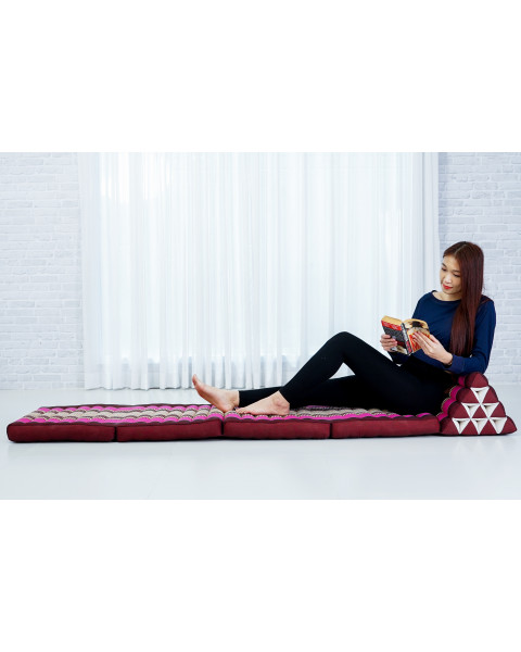 Leewadee Comfortable Japanese Floor Mattress - Thai Floor Bed With Triangle Cushion - Futon Mattress - XL Extra Long Thai Massage Mat, 225 x 50 cm, Auburn Pink, Kapok Filling
