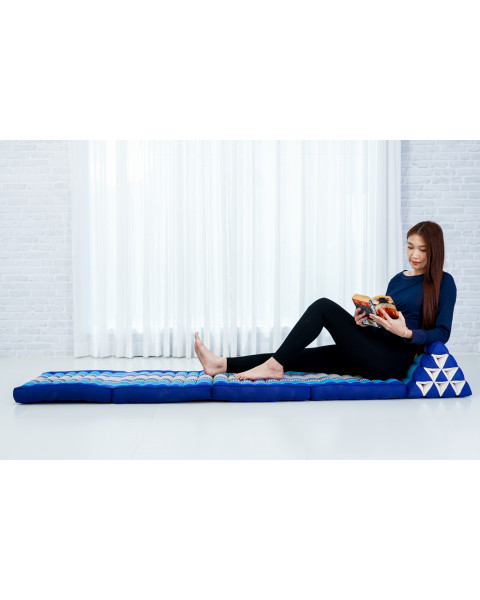 Leewadee Comfortable Japanese Floor Mattress - Thai Floor Bed With Triangle Cushion - Futon Mattress - XL Extra Long Thai Massage Mat, 225 x 50 cm, Blue, Kapok Filling