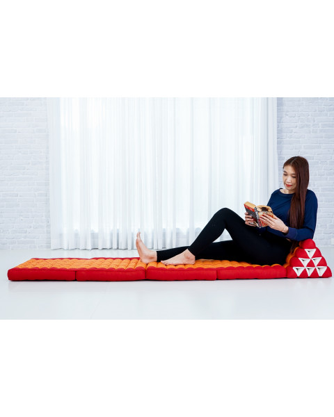 Leewadee Comfortable Japanese Floor Mattress - Thai Floor Bed With Triangle Cushion - Futon Mattress - XL Extra Long Thai Massage Mat, 89 x 20 inches, Orange Red, Kapok Filling