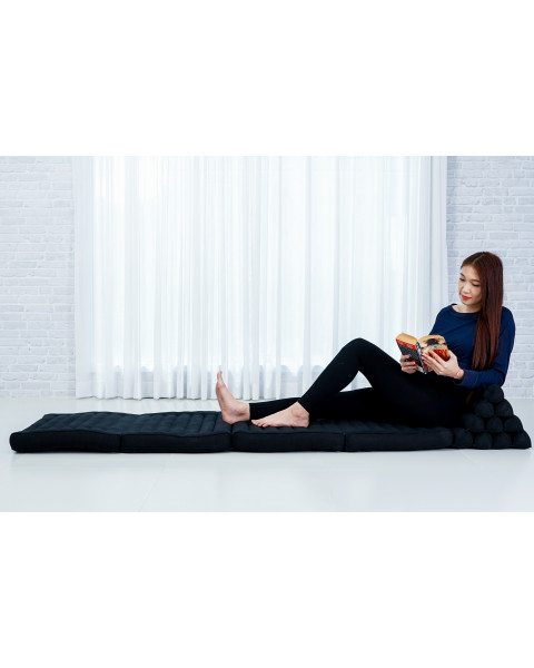 Leewadee Comfortable Japanese Floor Mattress - Thai Floor Bed With Triangle Cushion - Futon Mattress - XL Extra Long Thai Massage Mat, 89 x 20 inches, Black, Kapok Filling