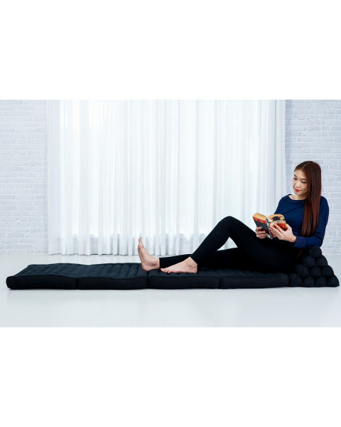 Leewadee Tapis de sol - Matelas avec coussin en kapok, lit thaïlandais fait à la main, 4 éléments pliants, 225 x 50 cm, Noir