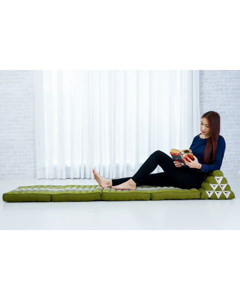 Leewadee Comfortable Japanese Floor Mattress - Thai Floor Bed With Triangle Cushion - Futon Mattress - XL Extra Long Thai Massage Mat, 225 x 50 cm, Green, Kapok Filling