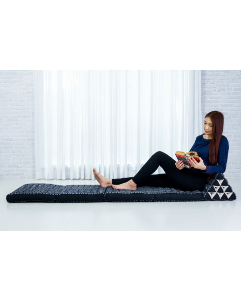Leewadee Comfortable Japanese Floor Mattress - Thai Floor Bed With Triangle Cushion - Futon Mattress - XL Extra Long Thai Massage Mat, 225 x 50 cm, Black, Kapok Filling