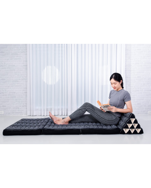 Leewadee Comfortable Japanese Floor Mattress - Thai Floor Bed With Triangle Cushion - Futon Mattress - XL Extra Wide Thai Massage Mat, 67 x 31 inches, Black White, Kapok Filling