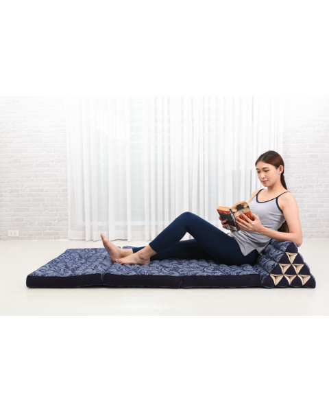 Leewadee Comfortable Japanese Floor Mattress - Thai Floor Bed With Triangle Cushion - Futon Mattress - XL Extra Wide Thai Massage Mat, 67 x 31 inches, Blue White, Kapok Filling