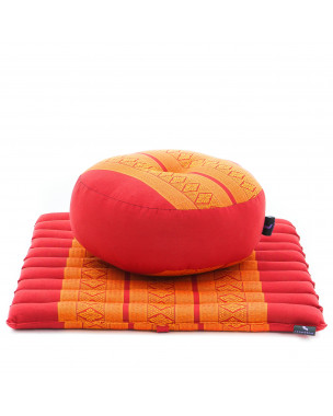 Leewadee Meditationsset Yogaset aus Meditationskissen Zafu und kleiner rollbarer Sitzmatte Zabuton Ökologisches Naturprodukt, Kapok, Orange Rot