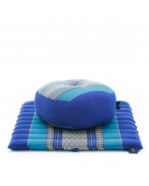 Leewadee Meditationsset Yogaset aus Meditationskissen Zafu und kleiner rollbarer Sitzmatte Zabuton Ökologisches Naturprodukt, Kapok, Blau