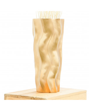 Leewadee jarrón pequeño para el suelo – Florero bajo y hecho a mano de madera de mango, recipiente de pie para ramas decorativas, 36 cm, Dorado