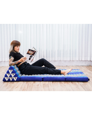 Leewadee Comfortable Japanese Floor Mattress - Thai Floor Bed With Triangle Cushion - Futon Mattress - XL Extra Wide Thai Massage Mat, 67 x 31 inches, Blue, Kapok Filling