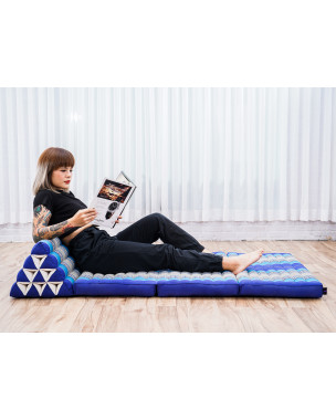 Leewadee Grand tapis de sol - Matelas avec coussin en kapok, lit thaïlandais fait à la main, 3 éléments pliants, 170 x 80 cm, Bleu