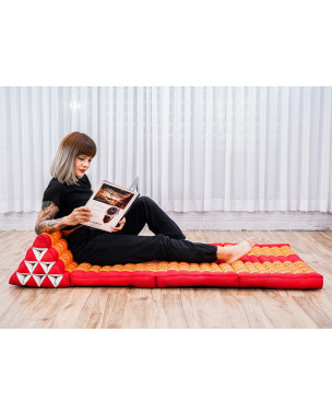 Leewadee Comfortable Japanese Floor Mattress - Thai Floor Bed With Triangle Cushion - Futon Mattress - XL Extra Wide Thai Massage Mat, 67 x 31 inches, Orange Red, Kapok Filling