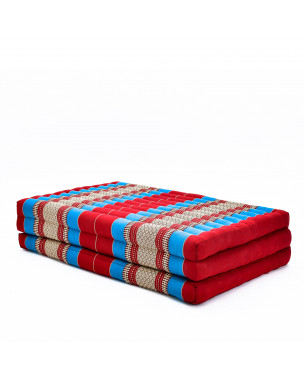 Leewadee Matelas de massage taille XL - Matelas thaï en kapok fait à la main, lit pliable thaï rembourré en kapok naturel, 200 x 100 cm, Bleu Rouge