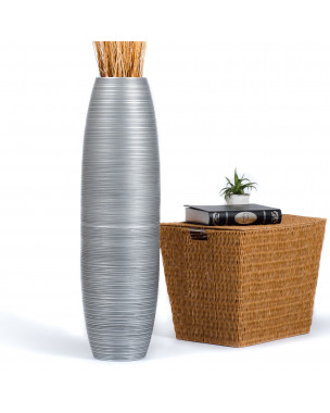 Leewadee Große Deko Bodenvase Für Dekozweige, Hohe Standvase Für Pampasgras, Design Holzvase, 90 cm, Silber