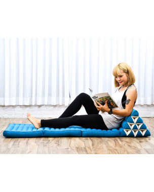 Leewadee Tapis de sol - Matelas avec coussin en kapok, lit thaïlandais fait à la main, 3 éléments pliants, 170 x 53 cm, Bleu Clair