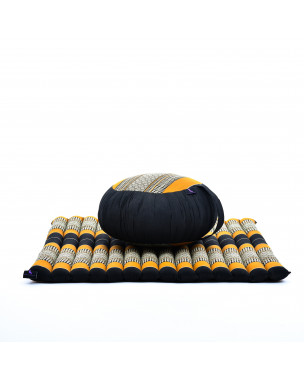 Leewadee set de meditación – Cojín de yoga Zafu y colchoneta de meditación Zabuton, asiento tailandés de kapok hecho a mano, set de 2, Negro Naranjo