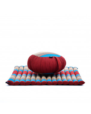Leewadee Meditation Cushion Set – 1 Round Zafu Meditation Pillow and 1 Square Roll-Up Zabuton Meditation Mat, Pillows Bundle Filled with Kapok, Blue Red