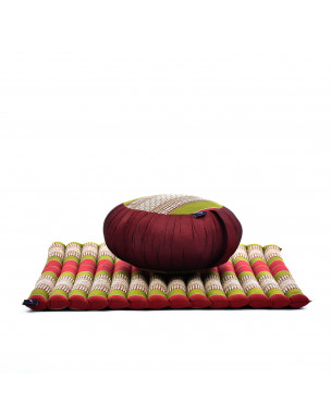 Leewadee set per meditare: tappeto per yoga Zabuton e cuscino per meditazione Zafu, materassino tailandese in kapok fatto a mano, Verde Rosso