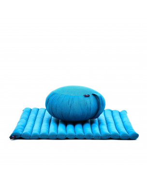 Leewadee Meditation Cushion Set – 1 Round Zafu Yoga Pillow and 1 Square Roll-Up Zabuton Mat Filled with Eco-Friendly Kapok, light blue
