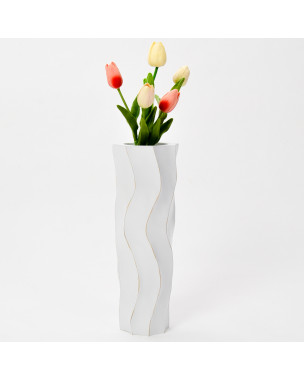 Leewadee jarrón pequeño para el suelo – Florero bajo y hecho a mano de madera de mango, recipiente de pie para ramas decorativas, 36 cm, White Wash