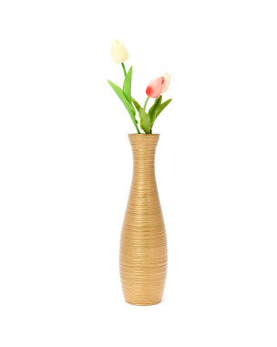 Leewadee Small Floor Vase – Handmade Flower Holder Made of Mango Wood, Sophisticated Vase for Decorative Twigs and Flowers, 14 inches, Gold