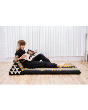 Leewadee 3-Fold Mat XXL with Triangle Cushion – Firm TV Pillow, Foldable Mattress with Cushion Made of Kapok, 67 x 31 inches, Black Orange