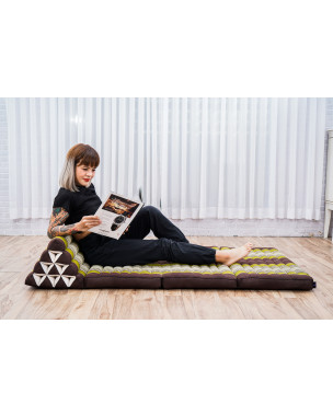 Leewadee 3-Fold Mat XXL with Triangle Cushion – Firm TV Pillow, Foldable Mattress with Cushion Made of Kapok, 67 x 31 inches, Brown Green
