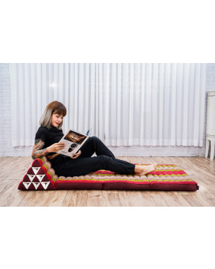 Leewadee 3-Fold Mat XXL with Triangle Cushion – Firm TV Pillow, Foldable Mattress with Cushion Made of Kapok, 67 x 31 inches, Green Red