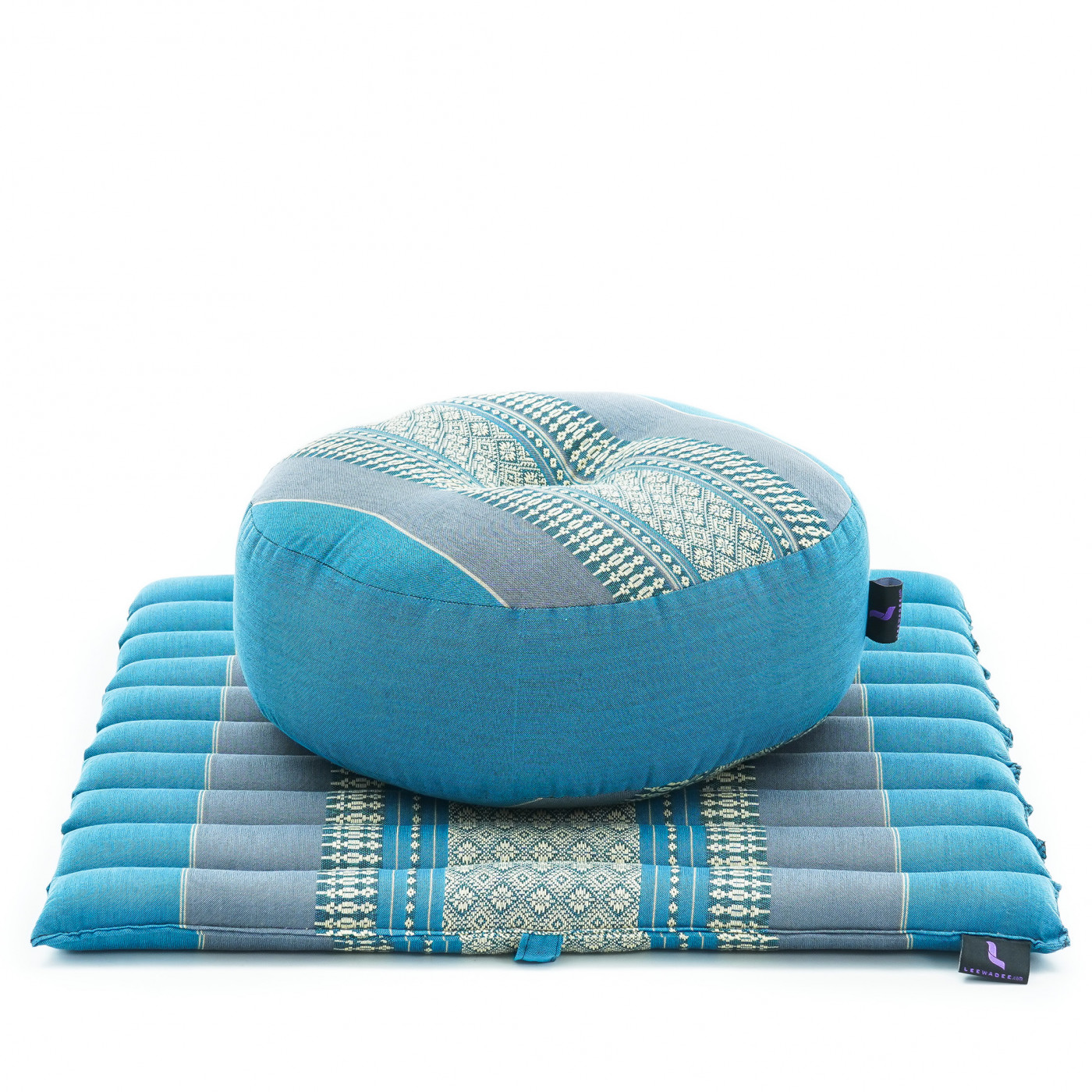 soft yoga prop portable cushion Zafuko Foldable Cushion Green/Violet organic Kapok filling use folded and unfolded for meditation 