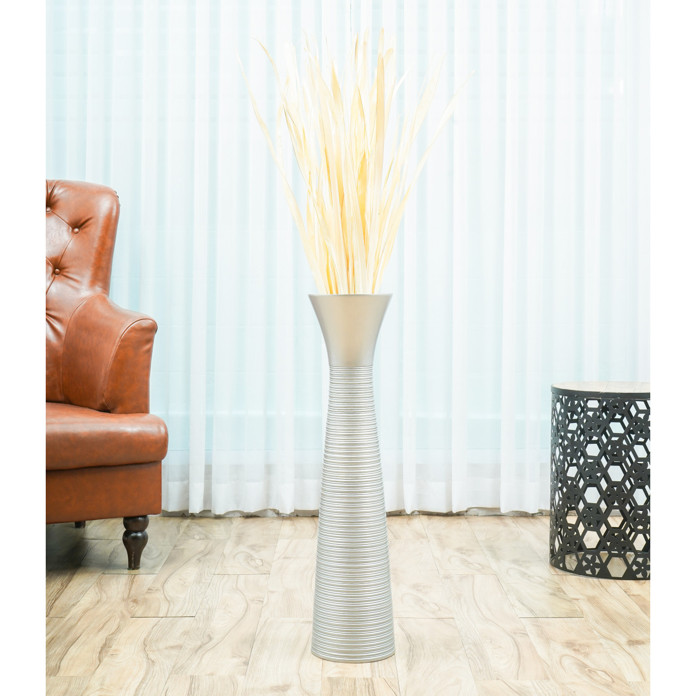 Leewadee Grande Vaso da Terra per Rami Decorativi Vaso Alto da Interno 90 cm Legno di Mango Bianco