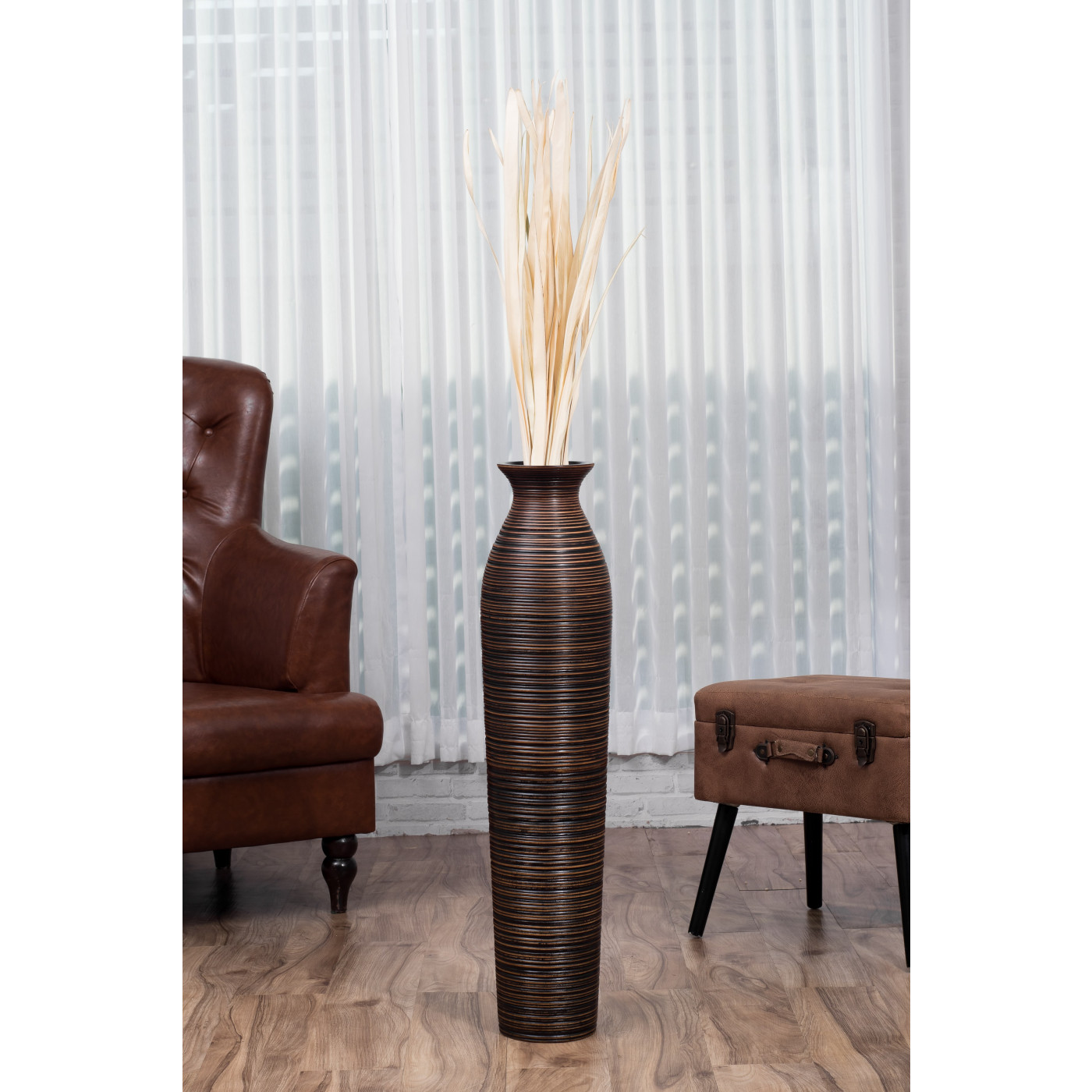 Leewadee Große Deko Bodenvase Für Dekozweige, Hohe Standvase Für  Pampasgras, Design Holzvase, 90 cm, Braun