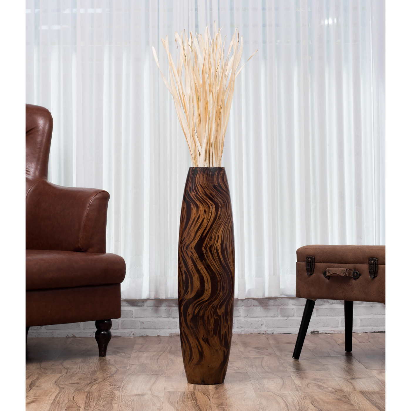 Leewadee Grand Vase A Poser Au Sol pour Branches Décoratives Design Vase Haut 75 cm Marron Bois de Mangue 