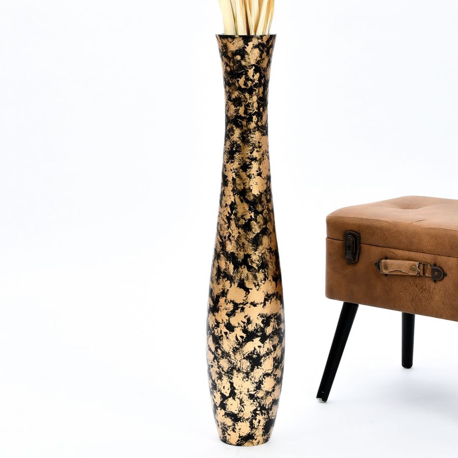 Leewadee Grote Hoge Vloervaas 85 cm - Handgemaakte Goud Mangohout Vaas voor Pampasgras & Droogbloemen